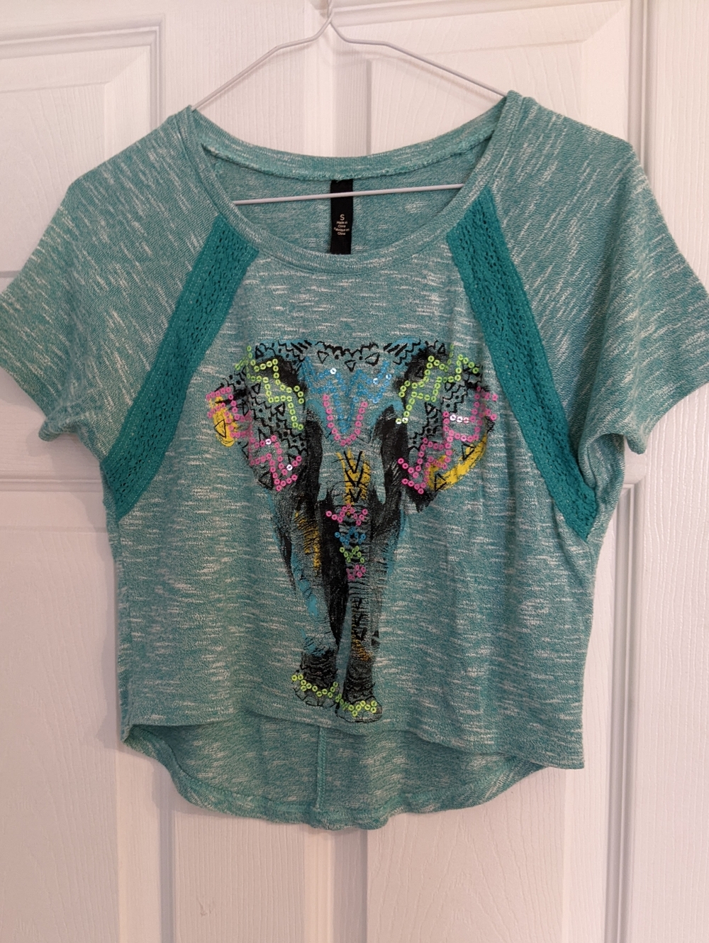 Jessica Simpson Boho Cropped Elephant Sequin Tee